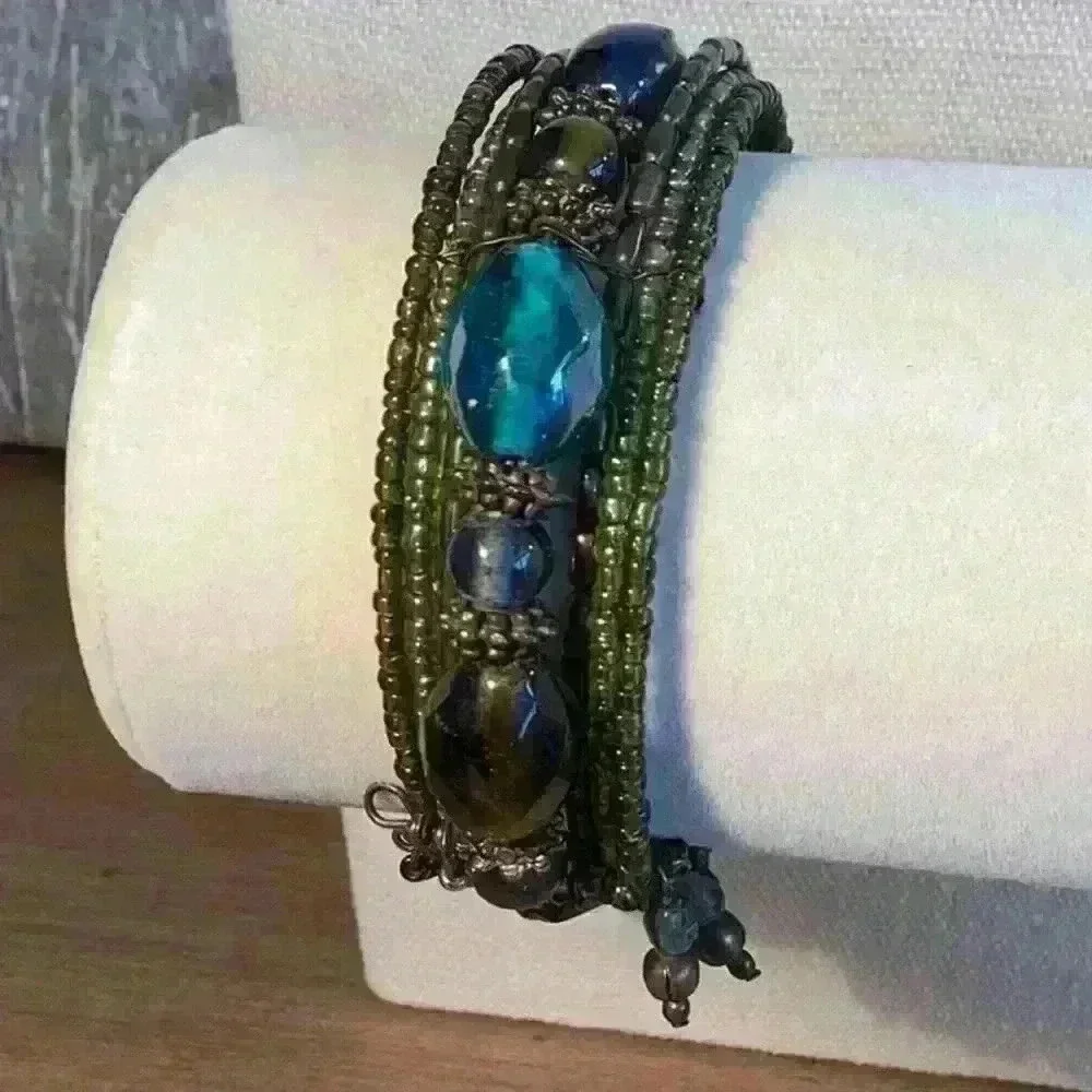 Vintage Beaded Adjustable Cuff with Acrylic Beads Green